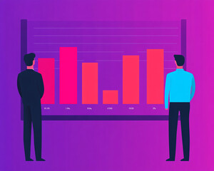 Poster - Two professionals analyzing colorful bar graphs on a purple background, showcasing data-driven decision making.