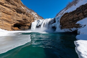 majestic waterfall partially frozen, its powerful flow continuing despite the icy winter conditions
