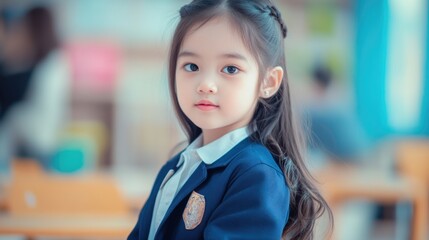 Wall Mural - Little cute Asian schoolgirl wearing uniform in classroom looking into camera. Back to school concept