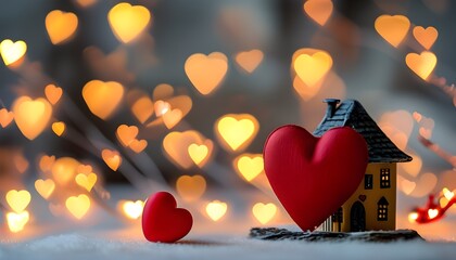 Wall Mural - Valentines Day Miniature Toy House Adorned with Red Hearts in Soft Defocus, Romantic Celebration and Heartfelt Home Decoration