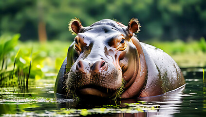  a hippopotamus standing in a zoo pond with murky green water and aquatic plants surrounding it, against a serene greenery background