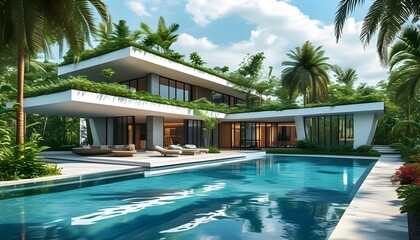 Modern Residential Building Concept Featuring a Swimming Pool, Lush Tropical Landscaping, and Detailed Construction Plans