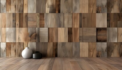 Wall Mural - Artistic 3D Render of Textured Timber Wall with Rustic Square Tiles in Warm Earth Tones for Contemporary Interior Design