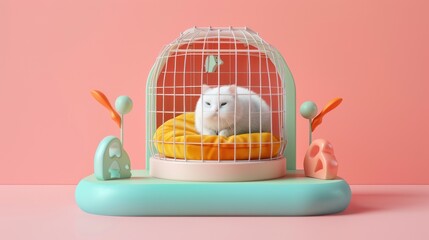 Cat in a Cage with Pink Background