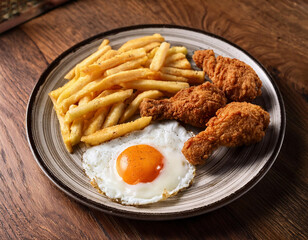 Wall Mural - Crispy chicken nuggets with fried egg and french fries on plate over wooden table	