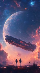 Poster - Vibrant Galactic Alignment with Futuristic Starship Traveling Through Cosmic Nebulae