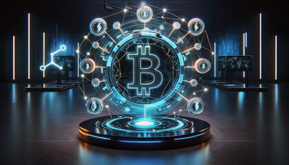 Wall Mural - Bitcoin hologram style in dark background, BTC blockchain network, miner node covered all around the world, digital currency, future financial