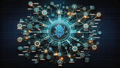 Wall Mural - Bitcoin hologram style in dark background, BTC blockchain network, miner node covered all around the world, digital currency, future financial