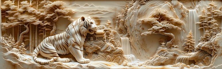 Wall Mural - Intricate Carving of a Tiger in a Lush Forest