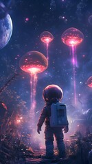 Poster - Young Astronaut Discovering Glowing Alien Life Forms on Distant Planetary Landscape