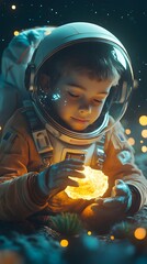 Poster - Young Astronaut Explores Alien Planet with Glowing Crystal Artifact