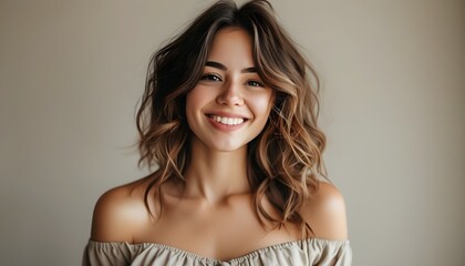 Wall Mural - Radiant woman with wavy hair in off-the-shoulder top, exuding joy and natural beauty against a soft neutral backdrop