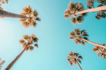 Wall Mural - A vibrant view of towering palm trees against a clear blue sky. This picturesque style invokes feelings of relaxation and vacation. Ideal for travel and leisure themes. Generative AI