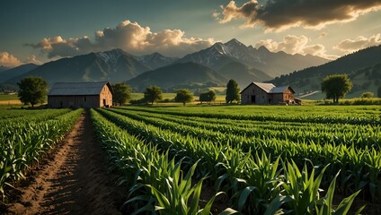 Vibrant green corn rows on a peaceful rural farm with mountains.