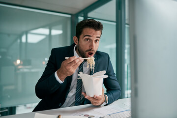 Poster - Surprise, business and man for eating in office with computer by reading email, finance report and feedback. Shock, accountant and pc with fast food, noodles and review project of investment growth