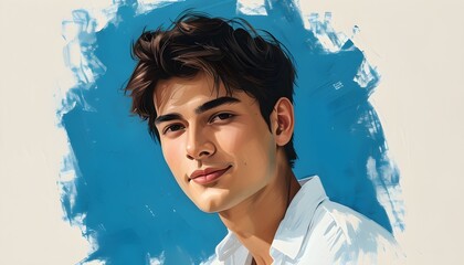 Wall Mural - Grinning young man in a white shirt against a serene blue backdrop