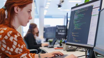 Focused female software developer coding in a modern office
