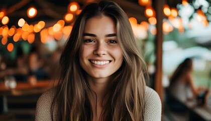 Cheerful woman with flowing hair radiating warmth in a relaxed and inviting environment