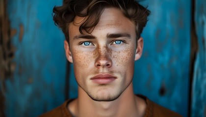 Canvas Print - Contemplative portrait of a young person with blue eyes and freckles against a rustic blue backdrop