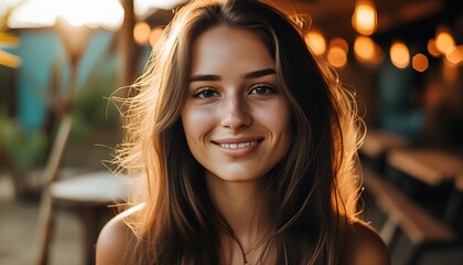 Cheerful woman with flowing hair radiating warmth in a relaxed and inviting environment