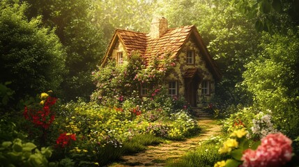 Wall Mural - Enchanting Cottage in a Lush, Blooming Garden