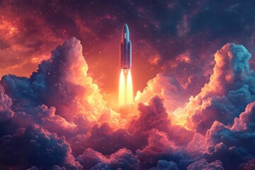 Wall Mural - cosmic rocket soaring through vibrant nebula clouds stylized vector icon design celestial journey concept with sleek spacecraft and swirling cosmic gases in vivid hues