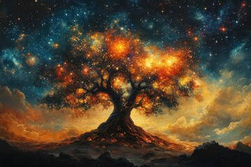 Wall Mural - cosmic tree of life with galaxies for branches balancing light and dark energies