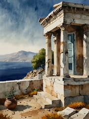 Wall Mural - Watercolor of a classic Greek scene.