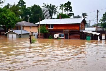 A residential area affected by flooding, with houses partially submerged in water. The scene shows overcast skies and a high water level, indicating recent heavy rainfall.