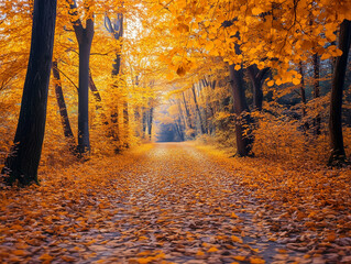 A serene nature walk through an autumn forest with fallen leaves in Pumpkin Orange, Creamy White, and Espresso Brown, capturing the peaceful beauty of the season.