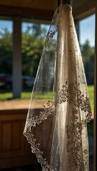 Poster - Wedding veil hanging on a glass door, with reflections.