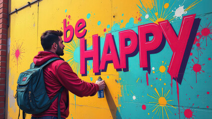 Man drawing graffiti on the wall, be happy text