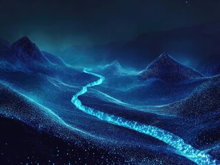 bioluminescent digital landscape glowing data streams forming mountains and valleys