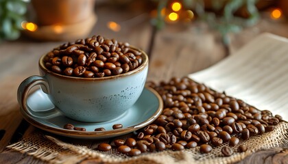 Warm Coffee Cup Surrounded by Roasted Beans with Ample Copy Space