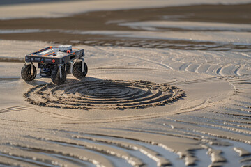 Robot creating intricate sand art on beach