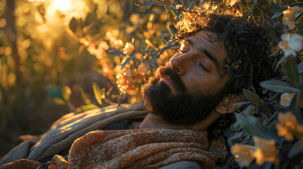 Judas from the Bible lying in the garden, a biblical event.