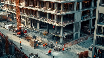 Construction site with workers and machinery actively building a modern structure in an urban setting.