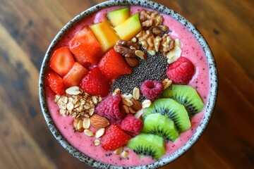 Vibrant smoothie bowl topped with fresh fruits, nuts, seeds, and granola, ideal for a healthy breakfast or snack.