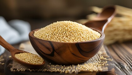 Wall Mural - Natural amaranth grain in a wooden bowl with spoon, highlighting its beige color and seed-like texture against a rustic backdrop of wholesome ingredients