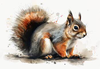 Wall Mural - Watercolor forest squirrel with fluffy tail on white background