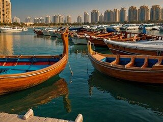 Sticker - Wooden boats docked in Dubai’s harbor