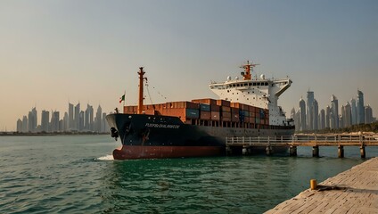 Sticker - Wooden cargo ship docked at a pier in Dubai