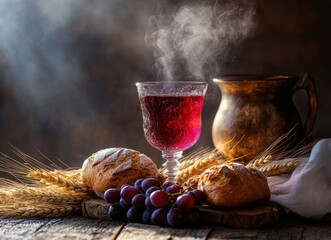 The ambiance of the holy Eucharistic wine and bread is illuminated by divine light, symbolizing God's presence in the metropolitan area during the Easter season. 