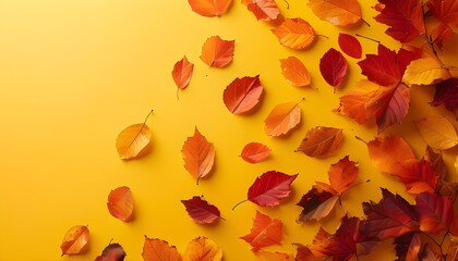 Autumns Embrace: A Vibrant Yellow Canvas Adorned with Scattered Orange and Red Leaves Celebrating Natures Transition