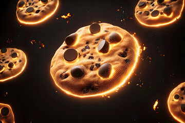 Wall Mural - Neon wireframe chocolate chip cookies isolated on black background