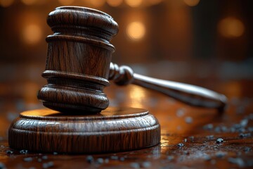 dramatic closeup of wooden gavel on polished mahogany surface symbolizing justice and legal authority