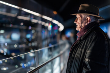 Elderly man exploring futuristic science exhibits in a museum