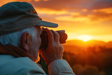 Senior man photographing a sunset over a lake