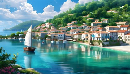 Charming coastal town with turquoise waters, white sandy beaches, and sailboats in the harbor, embodying serenity and idyllic beauty