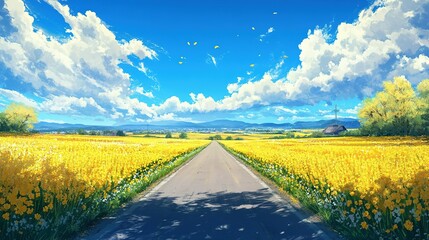 Wall Mural - A Country Road Through a Field of Yellow Flowers Under a Blue Sky